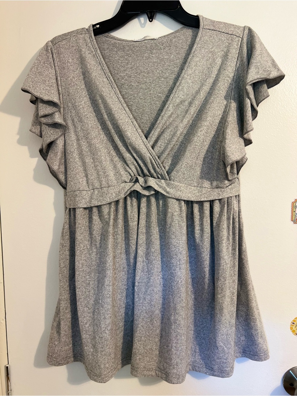 Gray Ruffle Sleeve Twisted Front Top